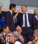 12.08.2026, Fussball UEFA-Supercup 2026: Finale in Salzburg (Österreich), Paris St. Germain - Aston Villa, in der Red Bull Arena (Wals bei Salzburg). Auf der Ehrentribüne, v.li: Präsident Nasser Al-Khelaifi (Paris St. Germain) im Gespräch mit UEFA Präsident Aleksander Ceferin. 
