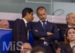 12.08.2026, Fussball UEFA-Supercup 2026: Finale in Salzburg (Österreich), Paris St. Germain - Aston Villa, in der Red Bull Arena (Wals bei Salzburg). Auf der Ehrentribüne, v.li: Präsident Nasser Al-Khelaifi (Paris St. Germain) im Gespräch mit UEFA Präsident Aleksander Ceferin. 
