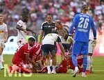 15.08.2026, Fussball Bundesliga 2026/2027, Testspiel Telecom-Cup, FC Bayern München - RB Leipzig, in der Allianz-Arena München, Jamal Musiala (Bayern München) am Boden