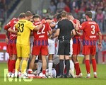 18.08.2026, Fussball Bundesliga 2026/2027, Testspiel, 1.FC Heidenheim - FC Bayern München, in der Voith-Arena Heidenheim, Jamal Musiala (Bayern München) am Boden