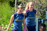 19.08.2026, München, Deutschland. Google Pixel Frauen-Bundesliga: Die FC Bayern Frauen absolvieren auf dem FC Bayern Campus eine Trainingseinheit vor dem Bundesliga-Saisonauftakt gegen den 1. FC Union Berlin. Giulia Gwinn (FC Bayern Frauen), Glodis Perla Viggosdottir (FC Bayern Frauen)