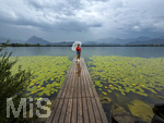 20.08.2026, am Hopfensee bei Füssen im Allgäu, Ein Steg führt in den See, hinten zieht ein Gewitter auf wo der Regen bereits aus den Wolken fällt. Eine Frau steht mit Regenschirm am Ende des Steges. (Modelreleased)