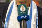 22.08.2026, Fussball DFB-Pokal 2026/27, 1.Runde, TSV 1860 München - Holstein Kiel, im Stadion an der Grünwalderstrasse in München, DF>B-Pokal Logo auf dem Mikrofon der ARD