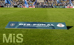 22.08.2026, Fussball DFB-Pokal 2026/27, 1.Runde, TSV 1860 München - Holstein Kiel, im Stadion an der Grünwalderstrasse in München,  Schild auf dem Rasen: DFB-Pokal Gewinnerbleibt (Slogan)