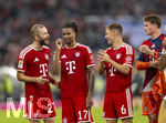 28.08.2026, Fussball Bundesliga 2026/2027, 1.Spieltag, FC Bayern München - VfB Stuttgart, in der Allianz-Arena München, v.li: Konrad Laimer (FC Bayern München), Michael Olise (FC Bayern München), Joshua Kimmich (FC Bayern München), Torwart Jonas Urbig (FC Bayern München) Schlussjubel.