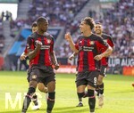 12.09.2026, Fussball Bundesliga 2026/2027, 3.Spieltag, FC Augsburg - Bayer Leverkusen, in der WWK-Arena Augsburg, Torjubel Christian Kofane (Leverkusen) mit Afonso Moreira (Leverkusen) 


