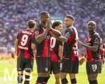 12.09.2026, Fussball Bundesliga 2026/2027, 3.Spieltag, FC Augsburg - Bayer Leverkusen, in der WWK-Arena Augsburg, Torjubel Christian Kofane (Leverkusen) mit Afonso Moreira (Leverkusen) 


