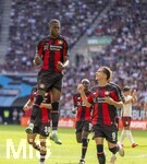 12.09.2026, Fussball Bundesliga 2026/2027, 3.Spieltag, FC Augsburg - Bayer Leverkusen, in der WWK-Arena Augsburg, Torjubel Christian Kofane (Leverkusen) mit Afonso Moreira (Leverkusen) 


