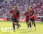 12.09.2026, Fussball Bundesliga 2026/2027, 3.Spieltag, FC Augsburg - Bayer Leverkusen, in der WWK-Arena Augsburg, Torjubel Christian Kofane (Leverkusen) mit Afonso Moreira (Leverkusen) 


