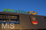 27.09.2026, Fussball UEFA Nations-League 2026/2027, 2.Spieltag, Deutschland - Griechenland, in der WWK-Arena Augsburg, Das FCA-Logo an der Stadionfassade wurde mit dem Logo der Nationalmannschaft überdeckt.
