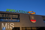 27.09.2026, Fussball UEFA Nations-League 2026/2027, 2.Spieltag, Deutschland - Griechenland, in der WWK-Arena Augsburg, Das FCA-Logo an der Stadionfassade wurde mit dem Logo der Nationalmannschaft überdeckt.
