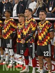 01.10.2026, Fussball UEFA Nations-League 2026/2027, 3.Spieltag, Deutschland - Serbien, in der Allianz-Arena München. v.l. Bambase Conte (Deutschland), Lennart Karl (Deutschland), und David Raum (Deutschland) 