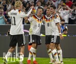 01.10.2026, Fussball UEFA Nations-League 2026/2027, 3.Spieltag, Deutschland - Serbien, in der Allianz-Arena München. Torjubel, v.li: Nick Woltemade (Deutschland), Derry Scherhant (Deutschland), Tom Bischof (Deutschland), Alexander Pavlovic (Deutschland) 