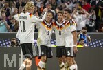01.10.2026, Fussball UEFA Nations-League 2026/2027, 3.Spieltag, Deutschland - Serbien, in der Allianz-Arena München. Torjubel, v.li: Nick Woltemade (Deutschland), Derry Scherhant (Deutschland), Tom Bischof (Deutschland), Alexander Pavlovic (Deutschland) 