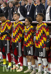 01.10.2026, Fussball UEFA Nations-League 2026/2027, 3.Spieltag, Deutschland - Serbien, in der Allianz-Arena München. Ersatzspieler bei der Nationalhymne, Torwart Noah Atubolu (Deutschland), Yannik Engelhardt (Deutschland), Mika Baur (Deutschland), Bambase Conte (Deutschland), 
, 