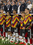 01.10.2026, Fussball UEFA Nations-League 2026/2027, 3.Spieltag, Deutschland - Serbien, in der Allianz-Arena München. Ersatzspieler bei der Nationalhymne, Yannik Engelhardt (Deutschland), Mika Baur (Deutschland), Bambase Conte (Deutschland), Lennart Karl (Deutschland), Said El Mala (Deutschland) 
, 
