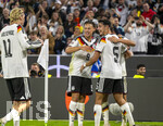 01.10.2026, Fussball UEFA Nations-League 2026/2027, 3.Spieltag, Deutschland - Serbien, in der Allianz-Arena München. Torjubel, Nick Woltemade (Deutschland), Derry Scherhant (Deutschland), Alexander Pavlovic (Deutschland), 