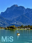 15.09.2026, Urlaub am Forggensee bei Füssen im Allgäu, hinten: Das Schloss Neuschwanstein. Vorne ein Tretboot mit Urlaubern