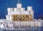 14.10.2026, Thema Zuckersteuer für Softgetränke. Studioaufnahme mit Würfelzucker und Schriftzug ZUCKERSTEUER.  Die Bundesregierung hat sich im Streit um die Zuckersteuer für Getränke geeinigt, Der Kompromiss sieht eine zweistufige Steuer und Ausnahmen für kleinere Hersteller vor. So soll ab dem 1. Juli 2027 ein Steuersatz von 26 Cent auf gesüßte Getränke mit einem Zuckergehalt ab 5 Gramm pro 100 Milliliter erhoben werden. Bei einem Zuckergehalt von 8 Gramm pro 100 Milliliter soll der Satz 32 Cent betragen.